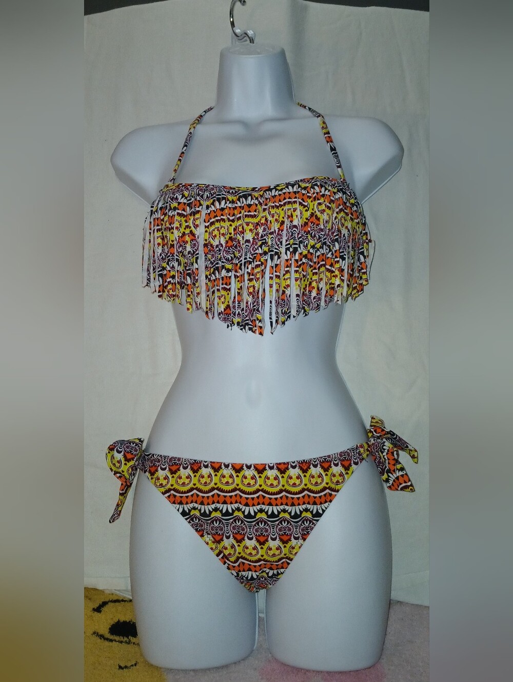 Pre-loved Fringe Bandeau Tie-Side Bikini Set in Orange Multi-Color.